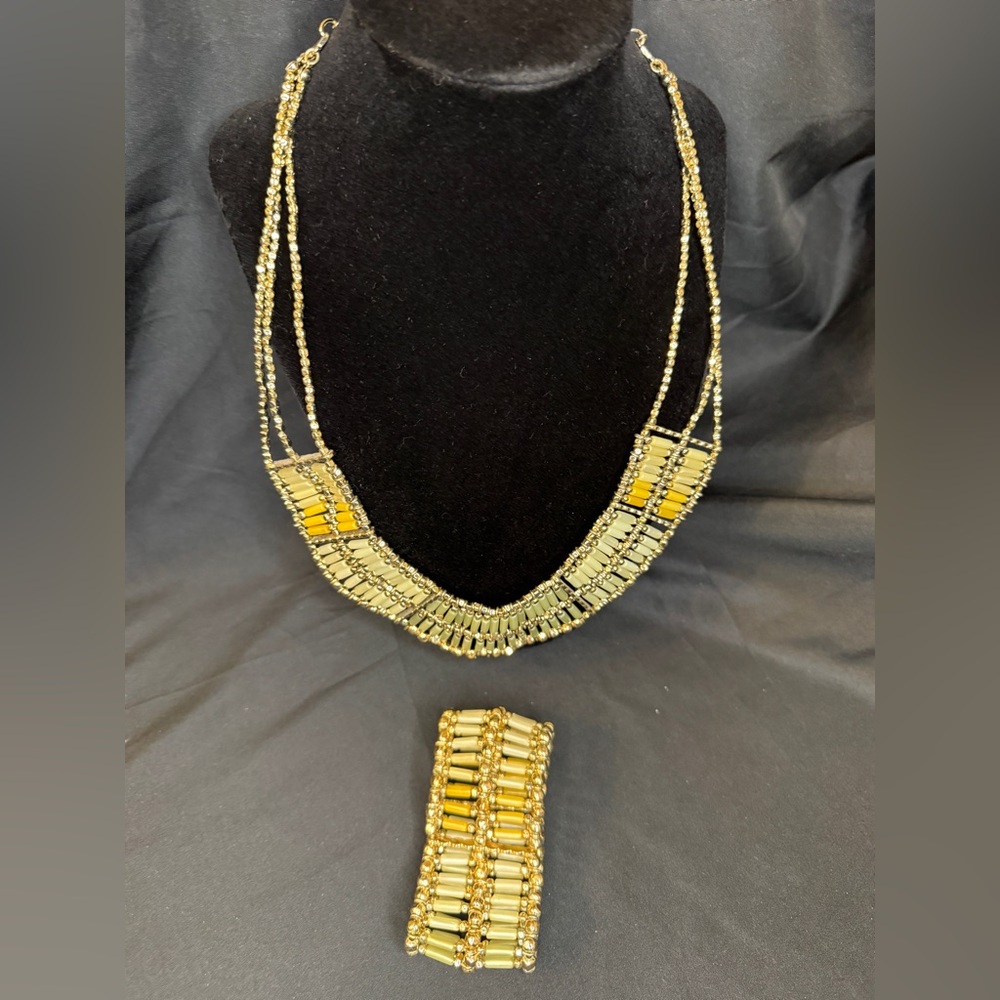Chico’s Bundle Greens and Yellows Beaded with Gold Necklace and Bracelet Set